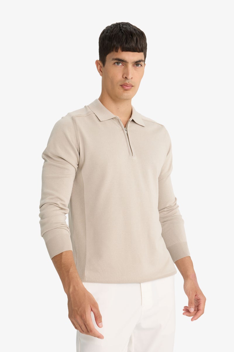 DeFacto Beige Man Standard Fit Polo Neck Half Zip Premium Knit Pullover Casual - Image 4